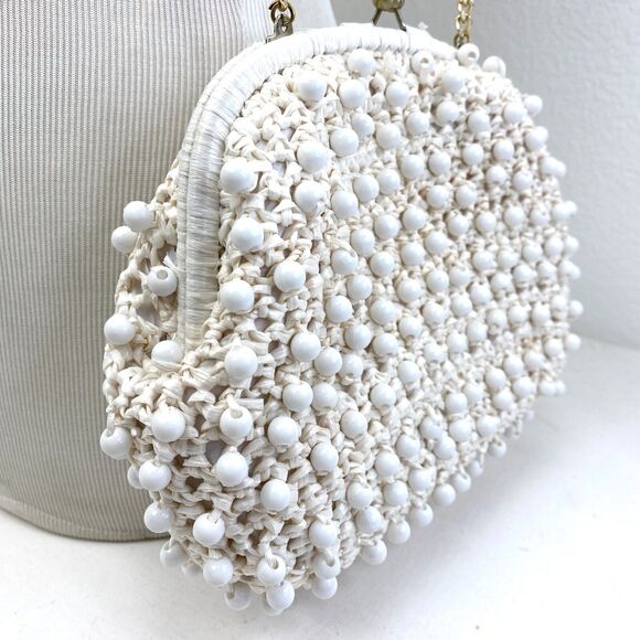 Vintage 60s Ritter White Raffia Plastic Beaded Purse Handbag Mod Hippie Wedding - Picture 2 of 15